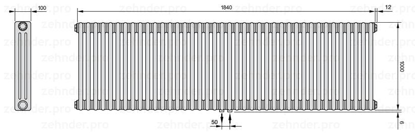 Схема (чертеж) Радиатор Zehnder Charleston 3100/40 №5410 Белый глянцевый RAL 9016